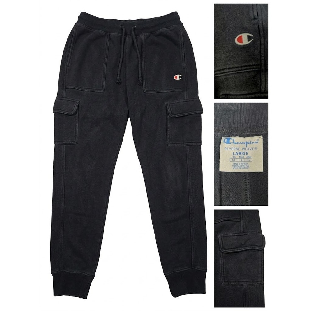 Champion Reverse Weave Cargo Sweatpants Mens Large Black Joggers C Logo Fleece